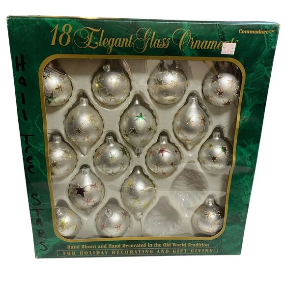 16 VTG Commodore Ornaments Pearl Teardrop Round Gold Star Christmas Hand Blown - Picture 1 of 10